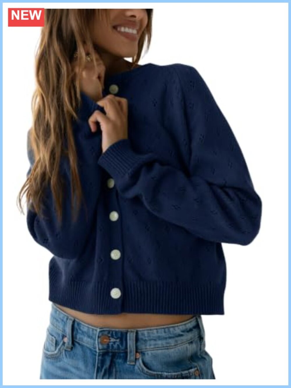 Womens Loose Fit Ribbed Knit Button Down Cardigan Crewneck Hollow Out